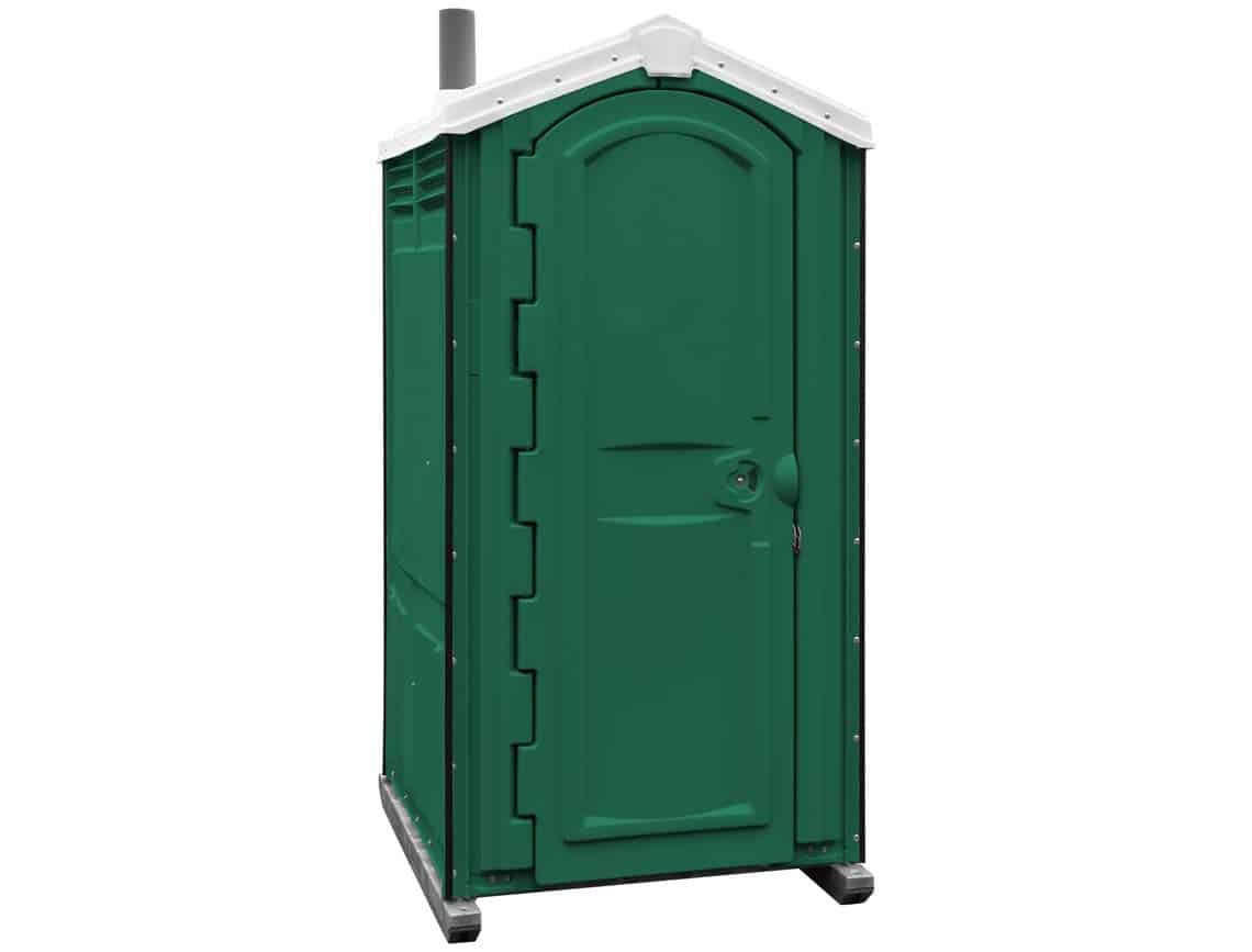 Green standard portable toilet with a white roof and vent stack