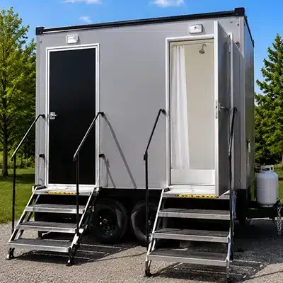 4 stall shower trailer with door open to show interior
